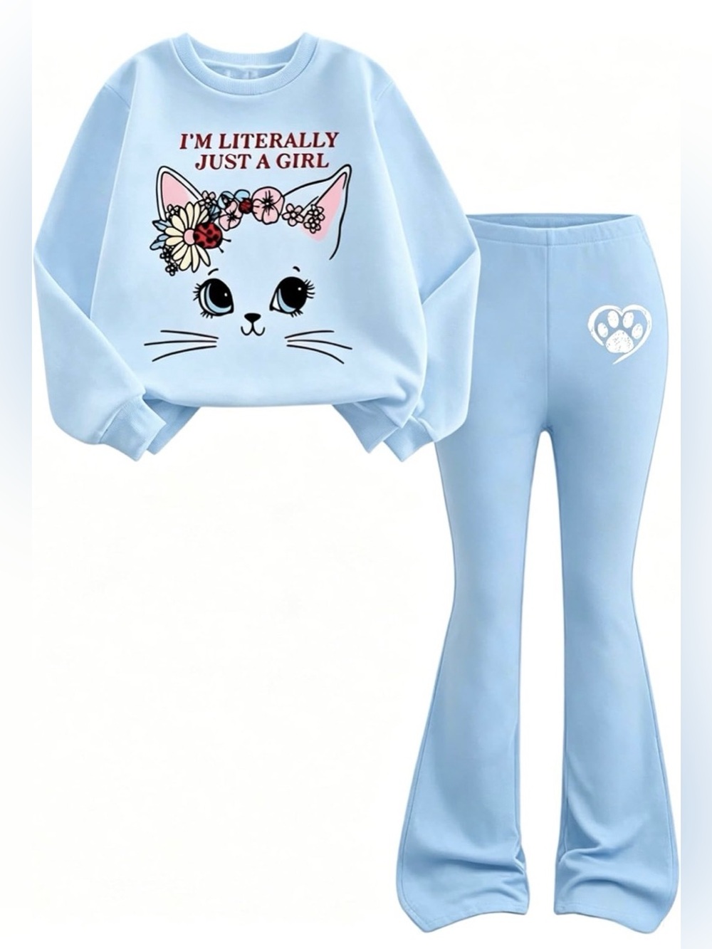Girls Baby Blue Floral Kitten Sweatshirt & Flare Leg Pants: 7-8 Years